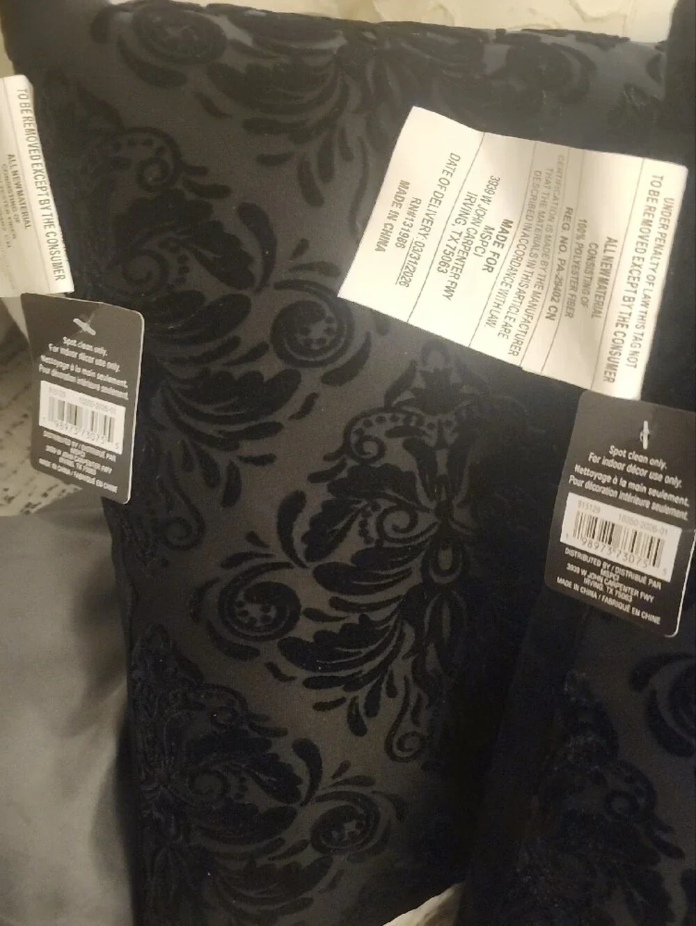 Black Velvet Damask Throw Pillow -Set Of 2